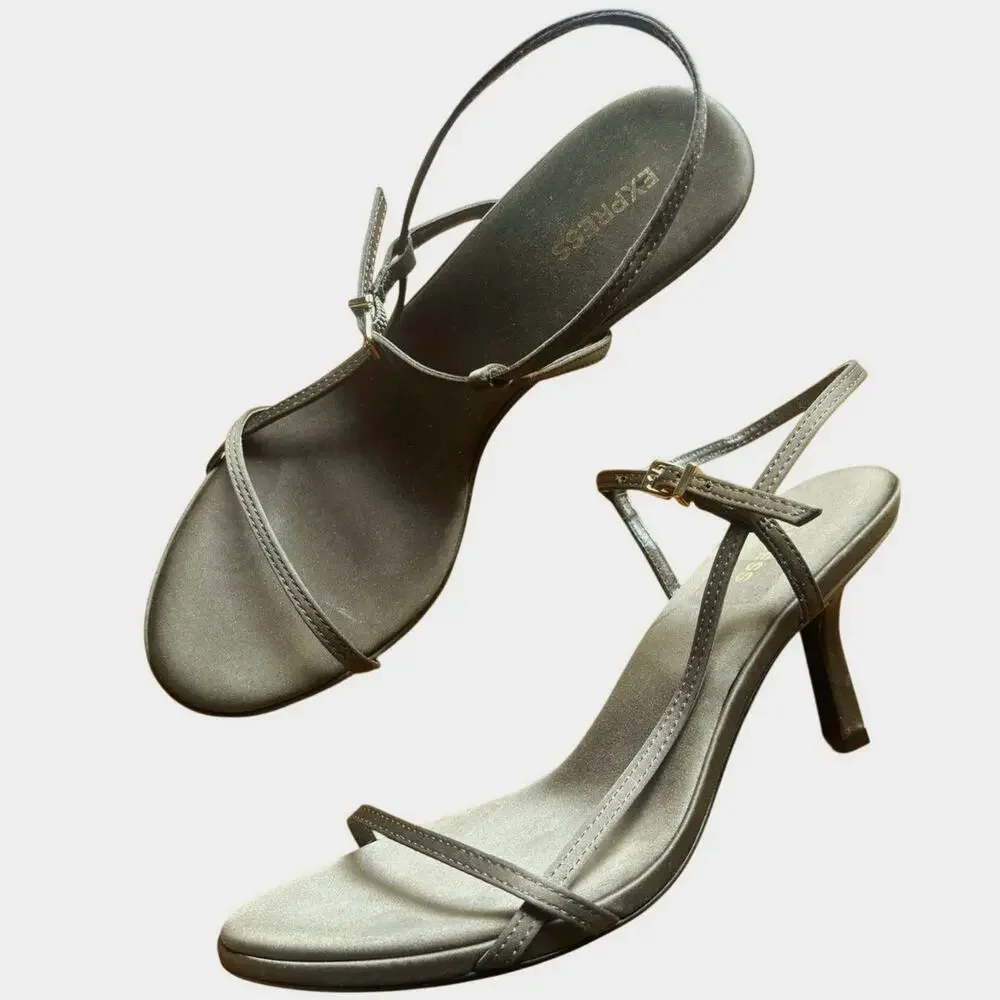 Express Strappy Slingback Mid Heeled Sandals Olive with Gold Hardware Size 8